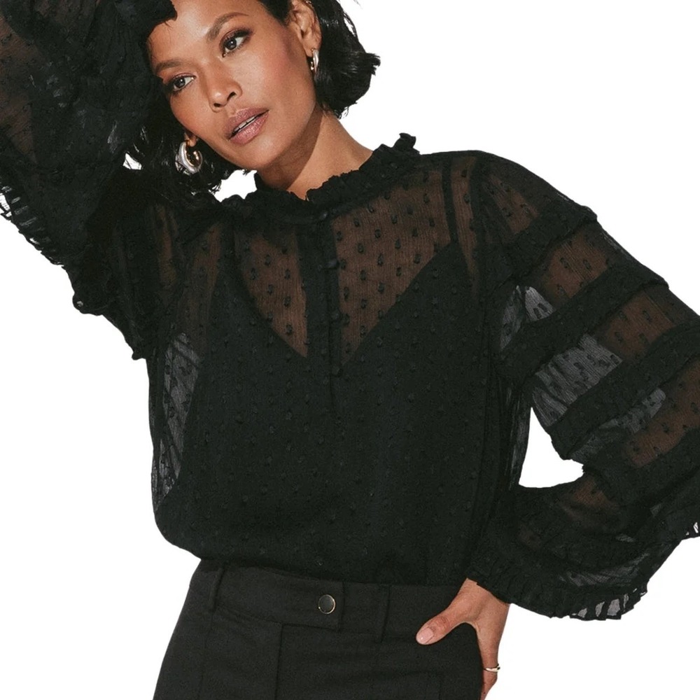 Cleobella Pheobe Black Blouse Sheer Ruffle Dot Top (MSRP: $228) Small